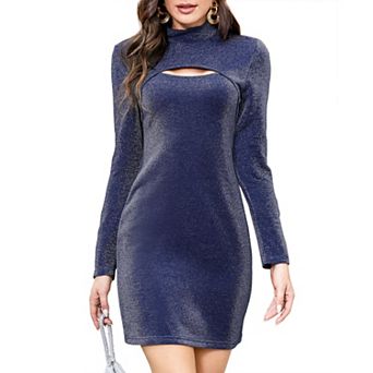 Women's Bodycon Party Sequin Sparkly Dress Turtleneck Long Sleeve Glitter Cutout Mini Dress