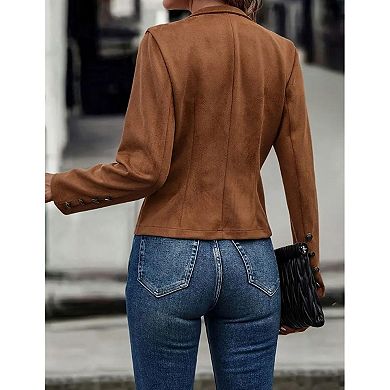 Women's Faux Suede Leather Jacket Casual Long Sleeve Blazer Jacket Coat Fall Outfits