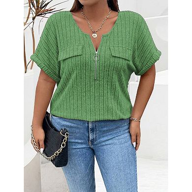 Womens Plus Size Short Sleeve Zipper V Neck Tops Solid Color Tunic Shirts Summer