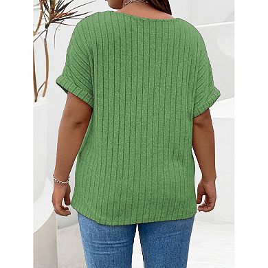 Womens Plus Size Short Sleeve Zipper V Neck Tops Solid Color Tunic Shirts Summer
