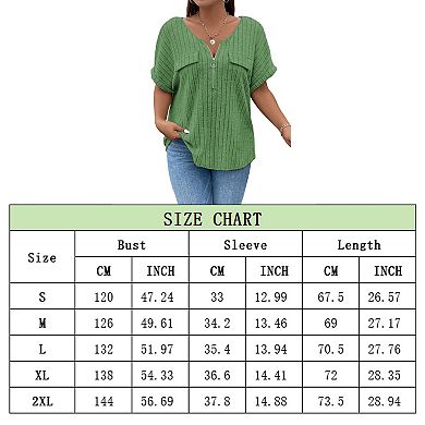 Womens Plus Size Short Sleeve Zipper V Neck Tops Solid Color Tunic Shirts Summer