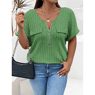 Womens Plus Size Short Sleeve Zipper V Neck Tops Solid Color Tunic Shirts Summer