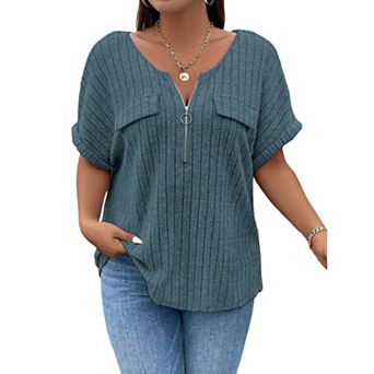 Womens Plus Size Short Sleeve Zipper V Neck Tops Solid Color Tunic Shirts Summer