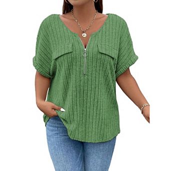 Womens Plus Size Short Sleeve Zipper V Neck Tops Solid Color Tunic Shirts Summer
