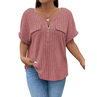 Womens Plus Size Short Sleeve Zipper V Neck Tops Solid Color Tunic Shirts Summer