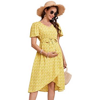 Women's Maternity Dress Floral V Neck Short Sleeve Casual Swing Midi Dresses