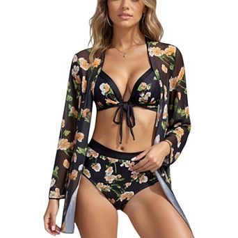 Women's 3 pc Floral Print Swimsuit Set with High Waist Bikini Bottoms Tie Front Top and Cover Up