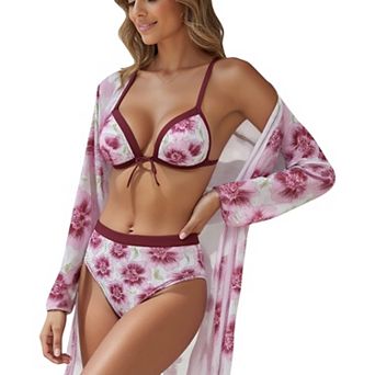Women's 3 pc Floral Print Swimsuit Set with High Waist Bikini Bottoms Tie Front Top and Cover Up