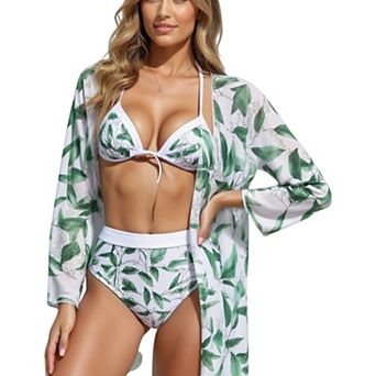 Women's 3 pc Floral Print Swimsuit Set with High Waist Bikini Bottoms Tie Front Top and Cover Up