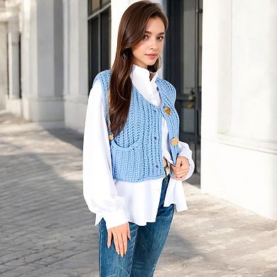 Women's Chunky Knit Vest with Oversized Buttons and Front Pockets