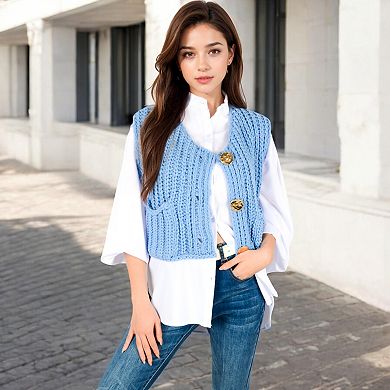 Women's Chunky Knit Vest with Oversized Buttons and Front Pockets