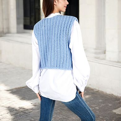 Women's Chunky Knit Vest with Oversized Buttons and Front Pockets