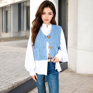 Women's Chunky Knit Vest with Oversized Buttons and Front Pockets