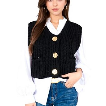Women's Chunky Knit Vest with Oversized Buttons and Front Pockets