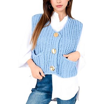 Women's Chunky Knit Vest with Oversized Buttons and Front Pockets