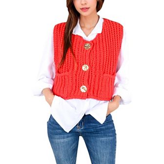 Women's Chunky Knit Vest with Oversized Buttons and Front Pockets