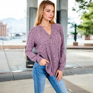 Women's V-Neck Ribbed Knit Long Sleeve Top with Button Detail