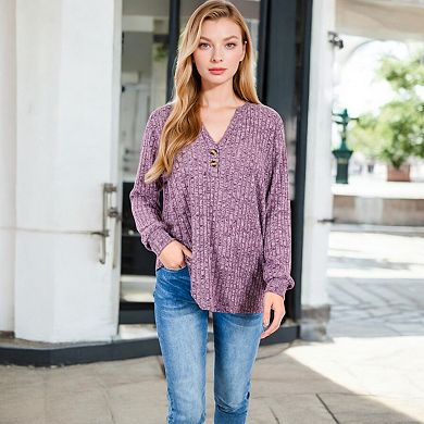 Women's V-Neck Ribbed Knit Long Sleeve Top with Button Detail