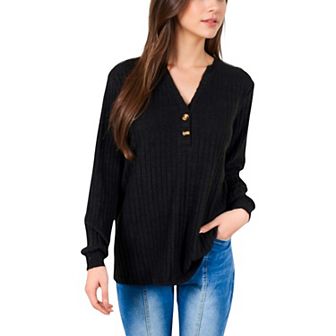 Women's V-Neck Ribbed Knit Long Sleeve Top with Button Detail