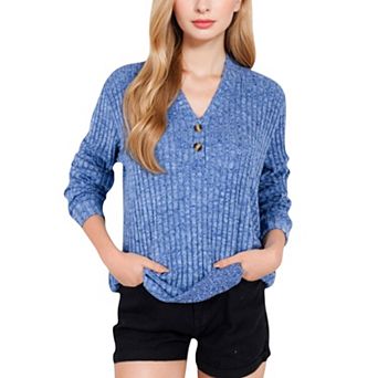 Women's V-Neck Ribbed Knit Long Sleeve Top with Button Detail