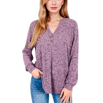 Women's V-Neck Ribbed Knit Long Sleeve Top with Button Detail