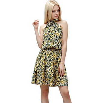 Women's Halter Neck Tie Back Boho Floral Print Sleeveless Elastic Waist Mini Dress