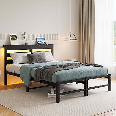 Mondawe Heavy Duty Platform Metal Bed Frame With USB Charging Station & RGB Lights Noise Free