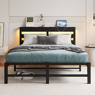 Mondawe Heavy Duty Platform Metal Bed Frame With USB Charging Station & RGB Lights Noise Free