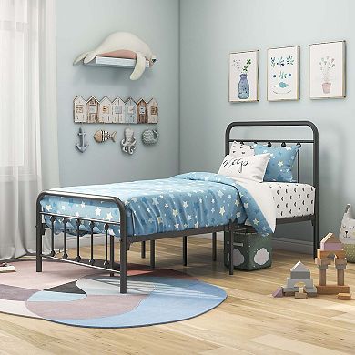 Mondawe Premium Metal Bed Frame No Box Spring Needed with Vintage Headboard and Footboard
