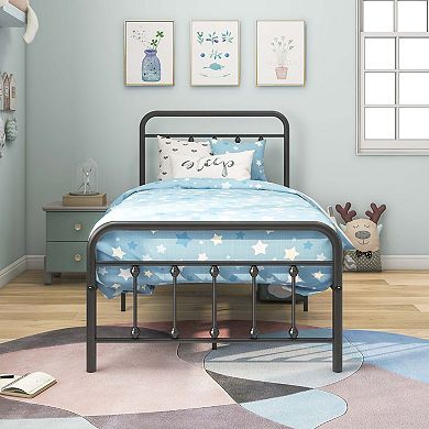 Mondawe Premium Metal Bed Frame No Box Spring Needed with Vintage Headboard and Footboard