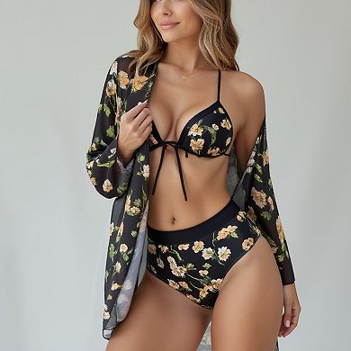 Women's 3 Piece Floral Print Swimsuit Set with High Waist Bikini Bottoms Tie Front Top and Cover Up