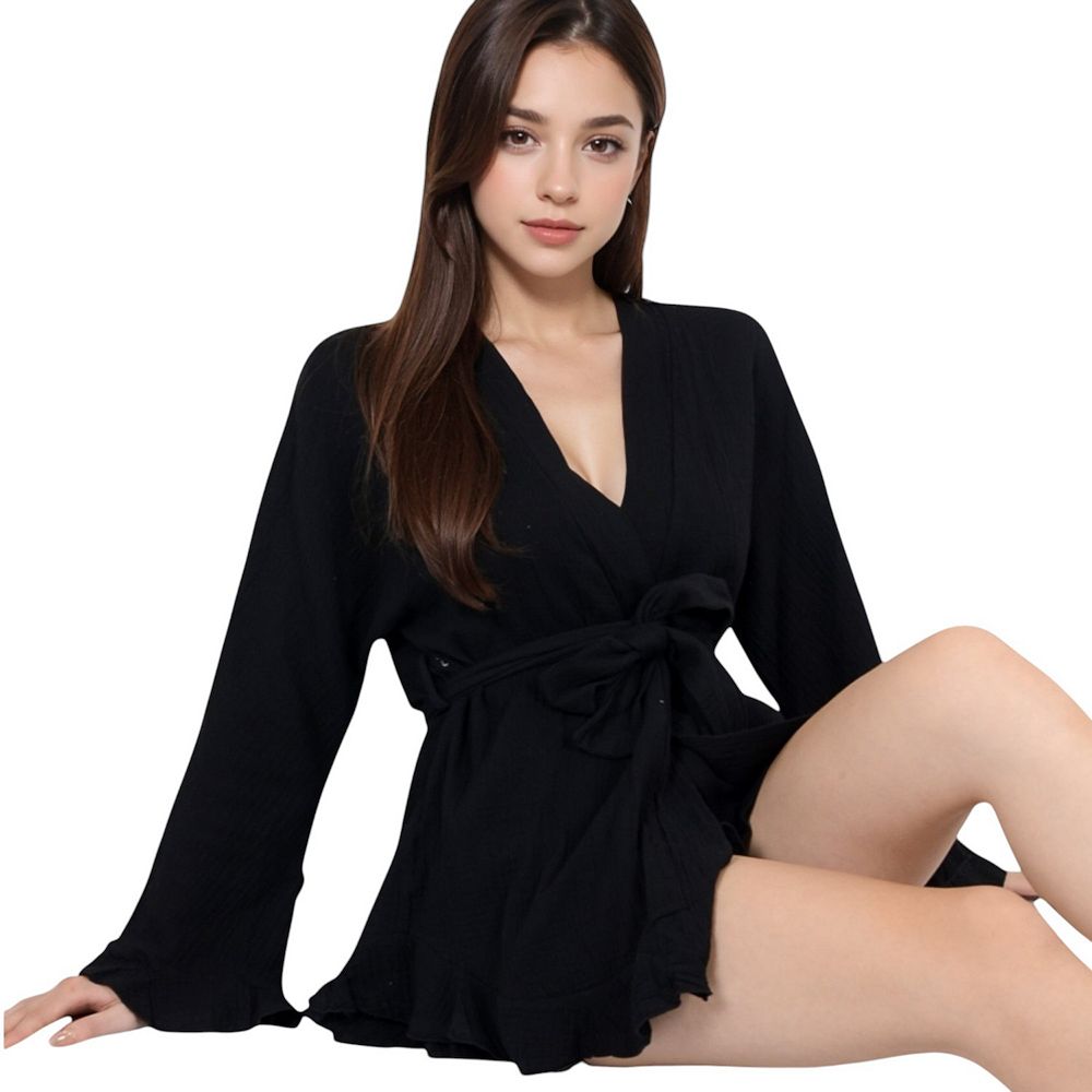 Women's Wrap Tie Front Night Robe and Ruffle Shorts 2-Piece Set
