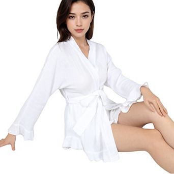 Women's Wrap Tie Front Night Robe and Ruffle Shorts 2 pc Set