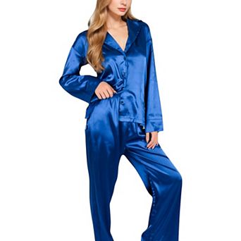 Women's Satin 2 pc Pajama Set with Long Sleeve Button-Up Shirt and Relaxed Fit Wide-Leg Pants