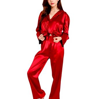 Women's Satin 2 pc Pajama Set with Long Sleeve Button-Up Shirt and Relaxed Fit Wide-Leg Pants