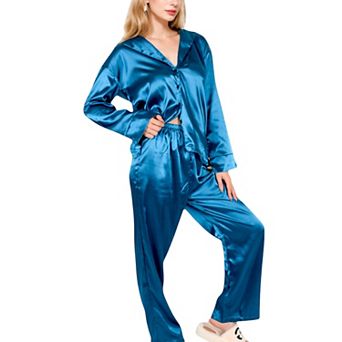 Women's Satin 2 pc Pajama Set with Long Sleeve Button-Up Shirt and Relaxed Fit Wide-Leg Pants