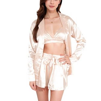 Women's Satin 3 pc Pajama Set with Bralette, Tie-Waist Shorts, and Long Sleeve Button-Up Shirt