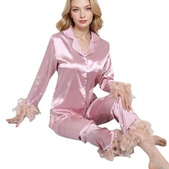 Women's Satin Long Sleeve Feather Detail 2 pc Set