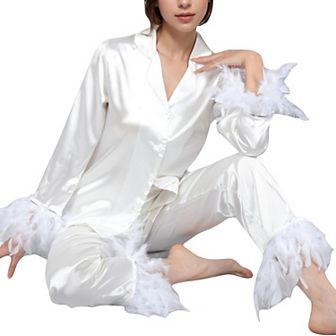 Women's Satin Long Sleeve Feather Detail 2 pc Set