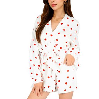 Women's Heart Print 2 pc Pajama Set with Long Sleeve Tie-Waist Robe and Relaxed Fit Shorts