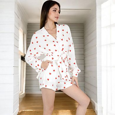 Women's Heart Print 2-Piece Pajama Set with Long Sleeve Tie-Waist Robe and Relaxed Fit Shorts
