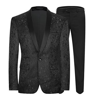 Men's Shawl Collar Jacquard Suit Set - Floral Dinner Jacket & Pants, Wedding & Tuxedo