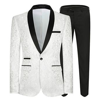 Men's Shawl Collar Jacquard Suit Set - Floral Dinner Jacket & Pants, Wedding & Tuxedo
