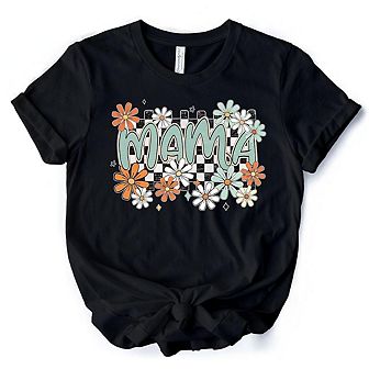 Floral Mama Checkered T-Shirt, White, Natural and Black Retro Tee for Stylish Mothers