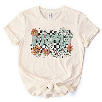 Floral Mama Checkered T-Shirt, White, Natural and Black Retro Tee for Stylish Mothers