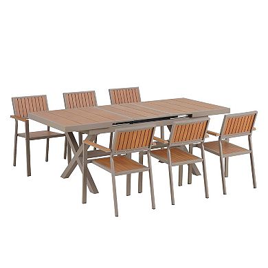 Mondawe Outdoor Patio Garden 7-Piece Extendable Dining Set, With 6 Chairs Flexible Adjustment