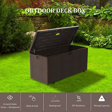 180 Gallon Brown Wicker-Style Deck Box - Large Outdoor Storage Trunk with Secure Lid