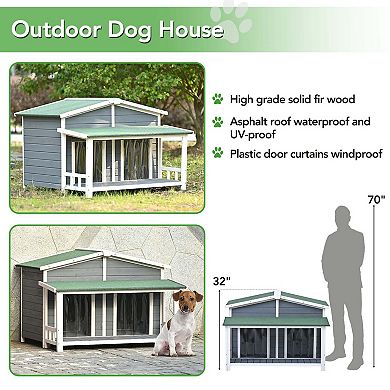 Mondawe 2 Doors Large Wooden Dog House Outdoor, Cabin Style Dog Crate With Porch