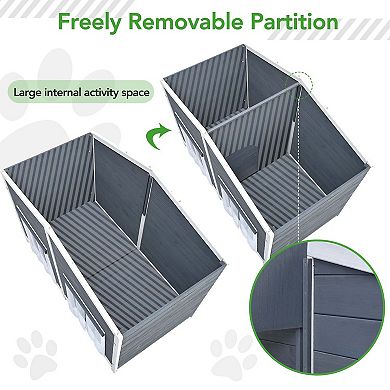 Mondawe 2 Doors Large Wooden Dog House Outdoor, Cabin Style Dog Crate With Porch