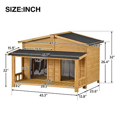 Mondawe 2 Doors Large Wooden Dog House Outdoor, Cabin Style Dog Crate With Porch